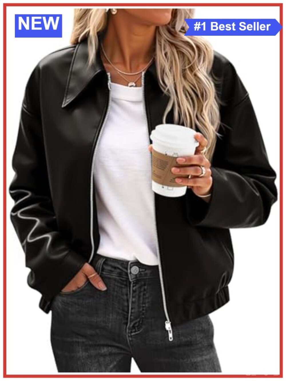 Faux Leather Bomber Jacket Cropped Motorcycle Zip Up Casual Coat